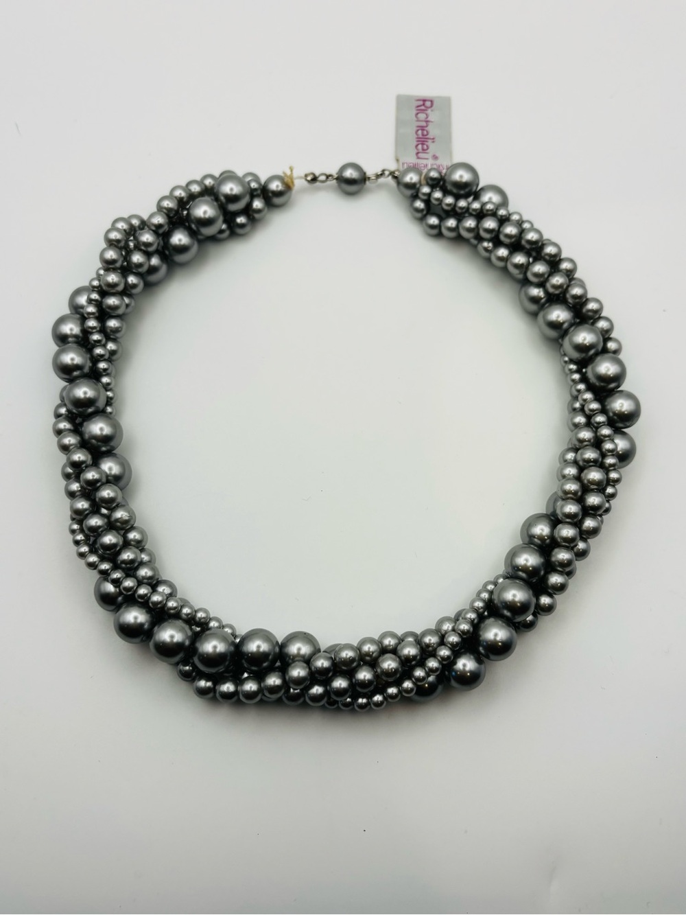 1980’s Richelieu Multi-Strand Grey Pearl Faux Torsade Necklace With Box & Tag